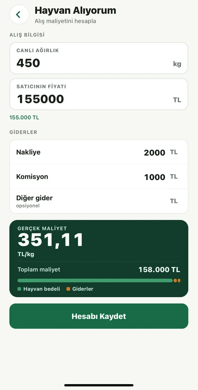 Celep Defteri: alış maliyeti ekranı