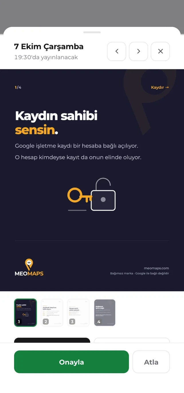 Onay ekranı: gönderi görseli, Onayla ve Atla düğmeleri
