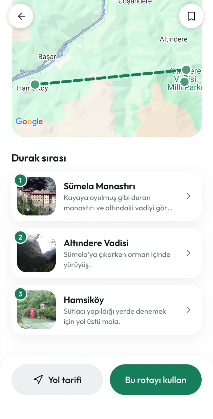 YeşilYol: Google Haritalar üzerinde Sümela, Altındere ve Hamsiköy rotası